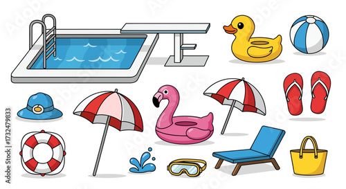 Cartoon styled summer pool party equipment items for aquatic leisure activities