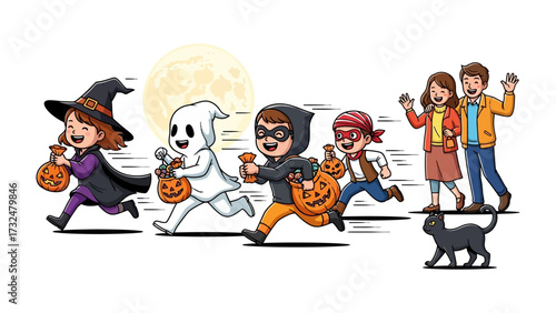 Halloween Thrill: Children revel in the magic of Halloween, embarking on a trick-or-treat adventure in a vibrant, festive, and colorful celebration of costumes and candies
