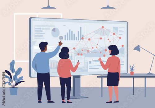 Collaborative data analysis session office environment digital screen interaction professional setting teamwork concept