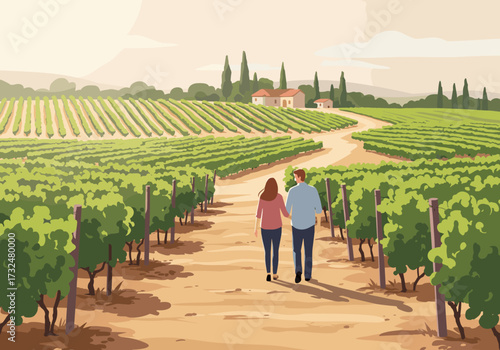 Couple enjoying a romantic walk through vineyard tuscany digital serene landscape warm atmosphere