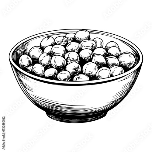 Bowl of Chickpeas Sketch – Hand-Drawn Food Illustration. Chickpeas in Bowl Sketch, Plant Based Food Vector Art.