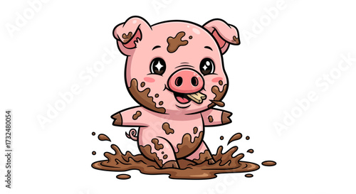 Charming cartoon piglet with twinkling eyes enjoying a muddy bath joyfully playing in muck