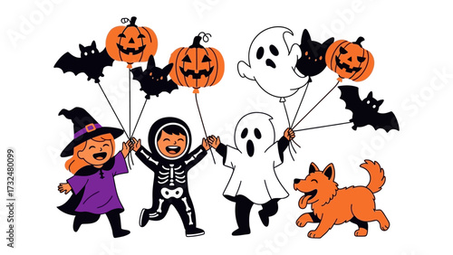 Halloween Costume Parade: A group of children, each in a creative costume and holding Halloween-themed balloons, joyfully march through the night during the annual celebration.