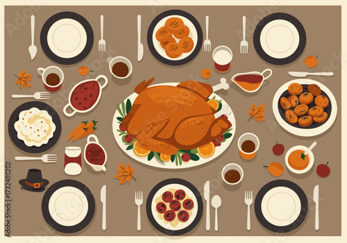 Thanksgiving feast preparation dining room food cozy environment overhead view seasonal celebration