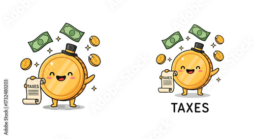 Coin character in top hat happily pays taxes with scattered money financial cartoon