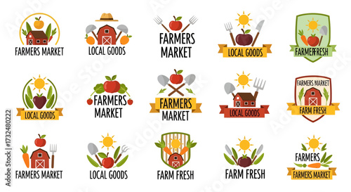 Collection of creative farm market and local produce logo designs for branding and advertising