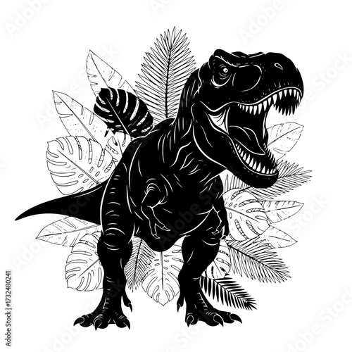 Vector art of black and white illustration of roaring tyrannosaurus rex with leaf background
