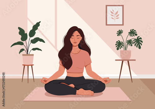 Meditation practice at home peaceful room digital relaxing environment front view mindfulness concept