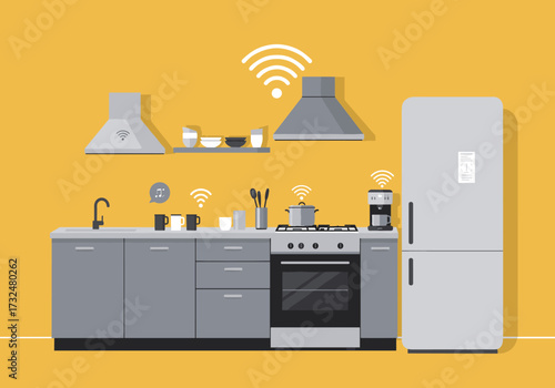 Modern kitchen design home digital bright colors aerial view smart technology features