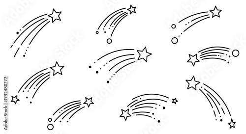 Collection of whimsical shooting stars with varied trails on a clean white background