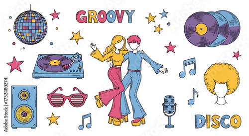 Colorful illustration capturing the essence of the 1970s disco era with musical elements