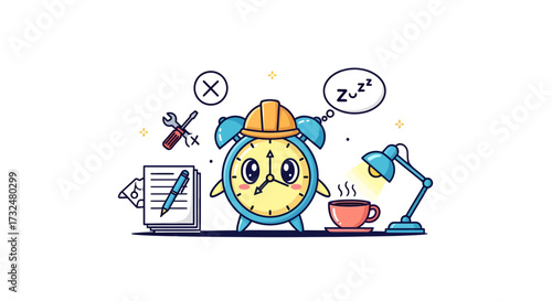 Comical depiction of a sleepy cartoon alarm clock amidst work tools and coffee