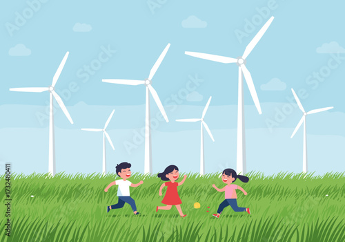 Children playing outdoors wind farm green field side view renewable energy awareness