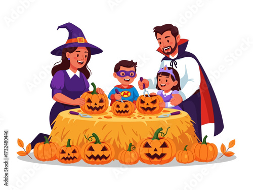 Halloween Family Pumpkin Carving: A family, dressed in festive Halloween costumes, gathers around a table, carving pumpkins in preparation for the spooky celebration. A moment of joyous unity!