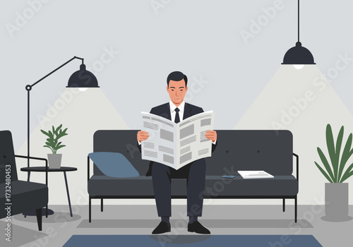 Man reading newspaper in modern office lounge indoor setting digital contemporary design