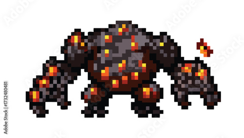 Pixel Art Lava Golem Boss Monster Sprite, 16-bit Fantasy Creature for RPG Game

