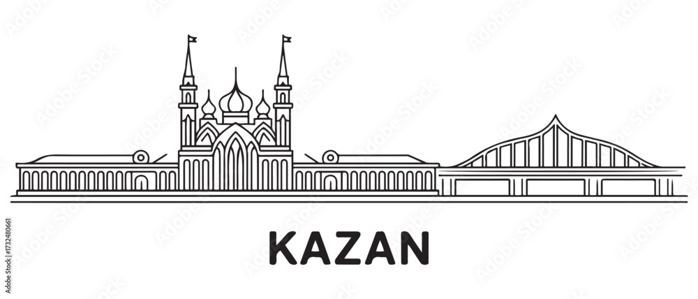 Fototapeta premium Kazan Line Art skyline horizontal banner. Kazan, Russia. with white background