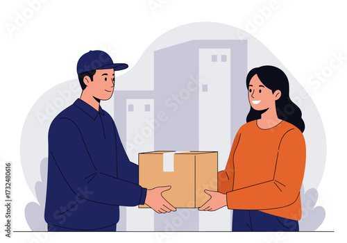 Delivery action by couriers in urban settings illustrative content friendly environment engaging perspective