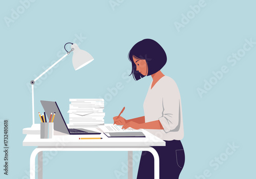 Focused individual working on papers at desk home office digital creation minimalistic environment side view productivity concept