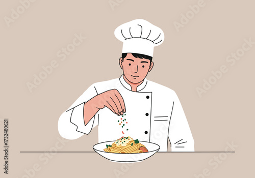 Chef preparing gourmet pasta dish in contemporary kitchen culinary food presentation professional cooking