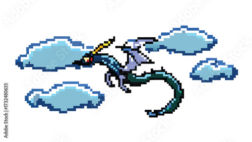 Pixel Art Sky Serpent Dragon Creature Sprite, 16-bit Flying Monster for RPG Game