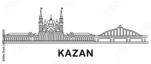 Kazan Line Art skyline horizontal banner. Kazan, Russia. with white background