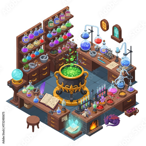 Isometric view of a magical alchemy laboratory with equipment.