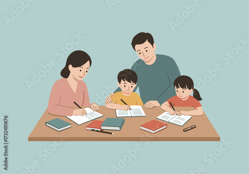 Family learning together at home engaging study session cozy indoor environment overhead view concept