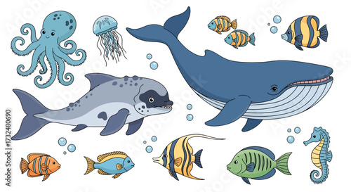 Diverse cartoon marine wildlife set on a white background, creating a delightful aquatic ecosystem