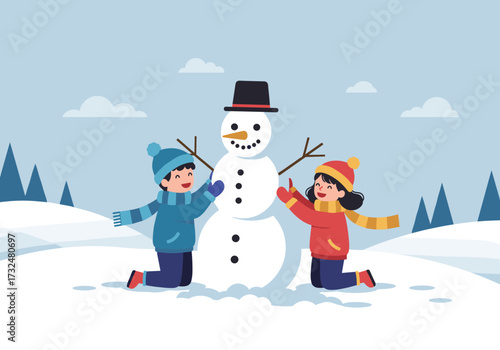 Children building a snowman in a winter wonderland outdoor activity snowy landscape joyful scene