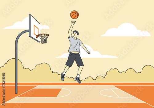 Dynamic basketball dunk action outdoor court urban environment side view sports concept