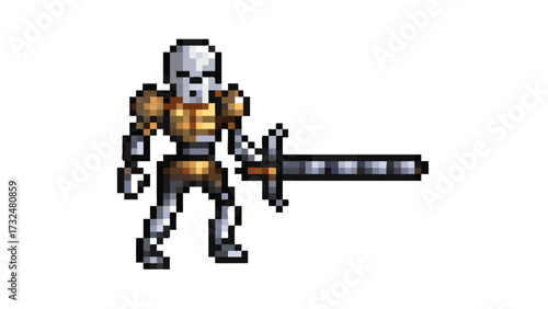 Pixel Art Knight Character Sprite, 16-bit Armored Warrior for RPG Castle Game