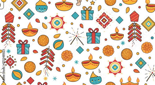 Festive diwali themed pattern displaying an arrangement of colorful traditional items and icons