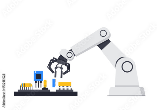Industrial automation robotic arm operating circuit board technology lab digital modern environment dynamic perspective
