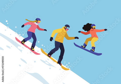 Snowboarding action mountain resort digital clear sky dynamic perspective winter sports fun