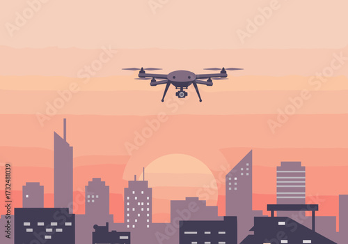 Drone flying over urban landscape at sunset aerial view digital modern city environment