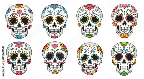Festive day of the dead skulls adorned with vibrant floral motifs and intricate decorative elements