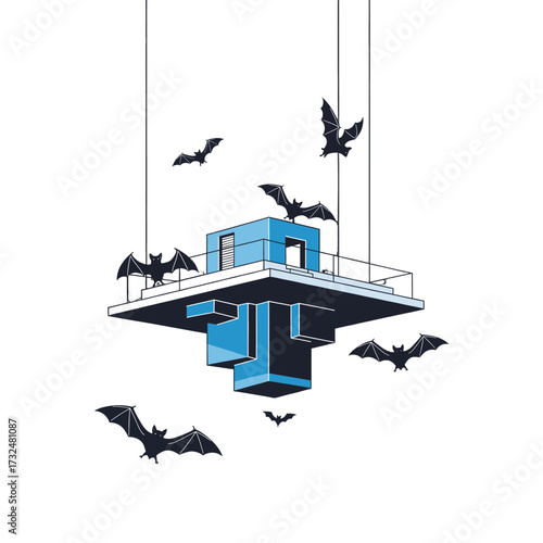 Architectural structure with bats flying around, modern design.