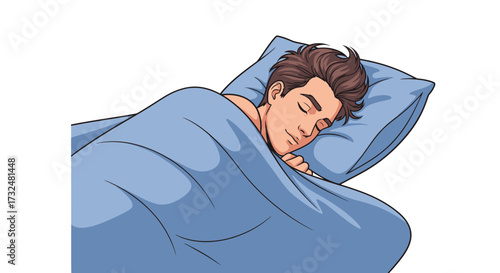 Illustration of a young man peacefully sleeping with a blue blanket and pillow design