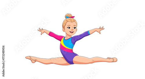 Illustration of a young gymnast performing a straddle split with grace and elegance