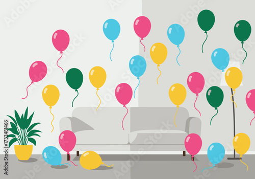Celebratory event with colorful balloons in a modern living room festive atmosphere bright and cheerful design