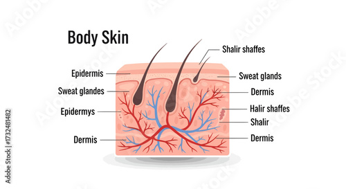 Illustration of human skin layers and its component, for anatomical or medical usage and