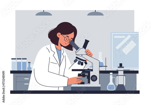 Scientific research action lab experiment with microscope laboratory environment viewpoint educational concept