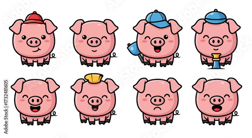 Illustrations of cheerful cartoon pigs with different emotions and accessories, evoking happiness