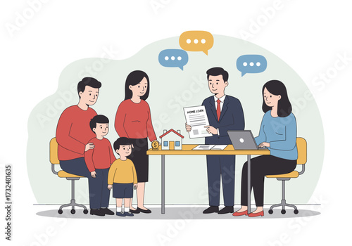 Family meeting with loan officer office business environment informal viewpoint mortgage process insights