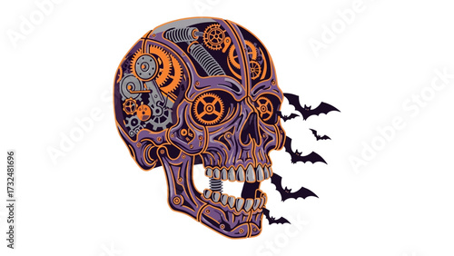 Steampunk Skull's Creepy Symphony: A surreal illustration of a steampunk-inspired skull adorned with intricate gears and cogwheels, conjuring an atmosphere of dark mystery.