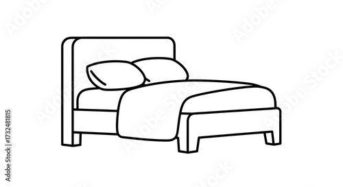 Minimalist line art depiction of a comfortable bed with pillows and blanket design