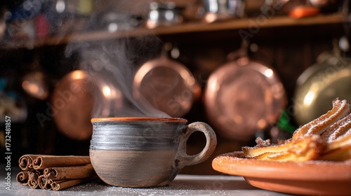 Spanish National Day Gathering: A Close - Up of a Hearty Hot Chocolate and Churros Display with Cinnamon Sticks, in a Cozy Kitchen Ambiance with Copper Pans, Inviting and Warm