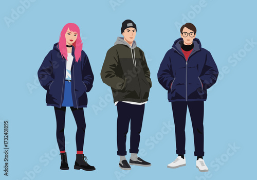 Urban fashion trends young adults in casual attire modern city digital vibrant colors front view