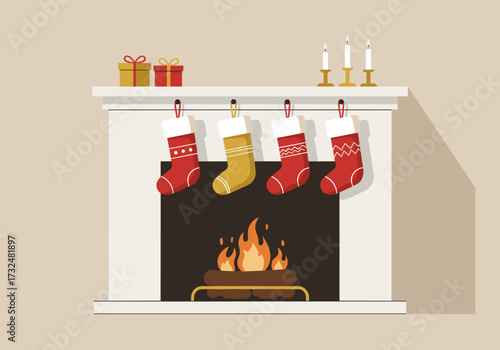 Cozy christmas scene with stockings and gifts fireplace setting digital warm ambiance